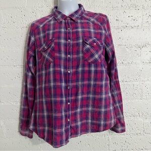Lovestitch Western Top L Pink Blue Plaid Pearl Snap Long Sleeve Collared Cowgirl